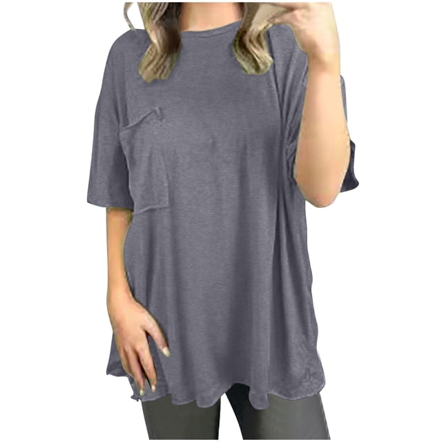 Yuyuzo Hauts d'Automne pour Femmes Manches Courtes Décontracté Ample Confortable Col Rond T-Shirts Unis