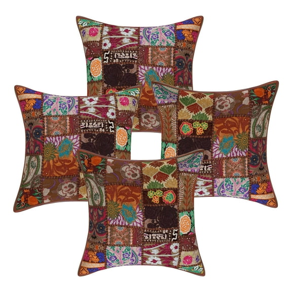 Stylo Culture Indian Cotton Decorative Throw Pillow Sham Covers Dark Brown 16 x 16 Bohemian Vintage Patchwork Indian Couch Cushion Covers 40x40 cm Home Decor Floral Square Pillowcases | Set Of 4