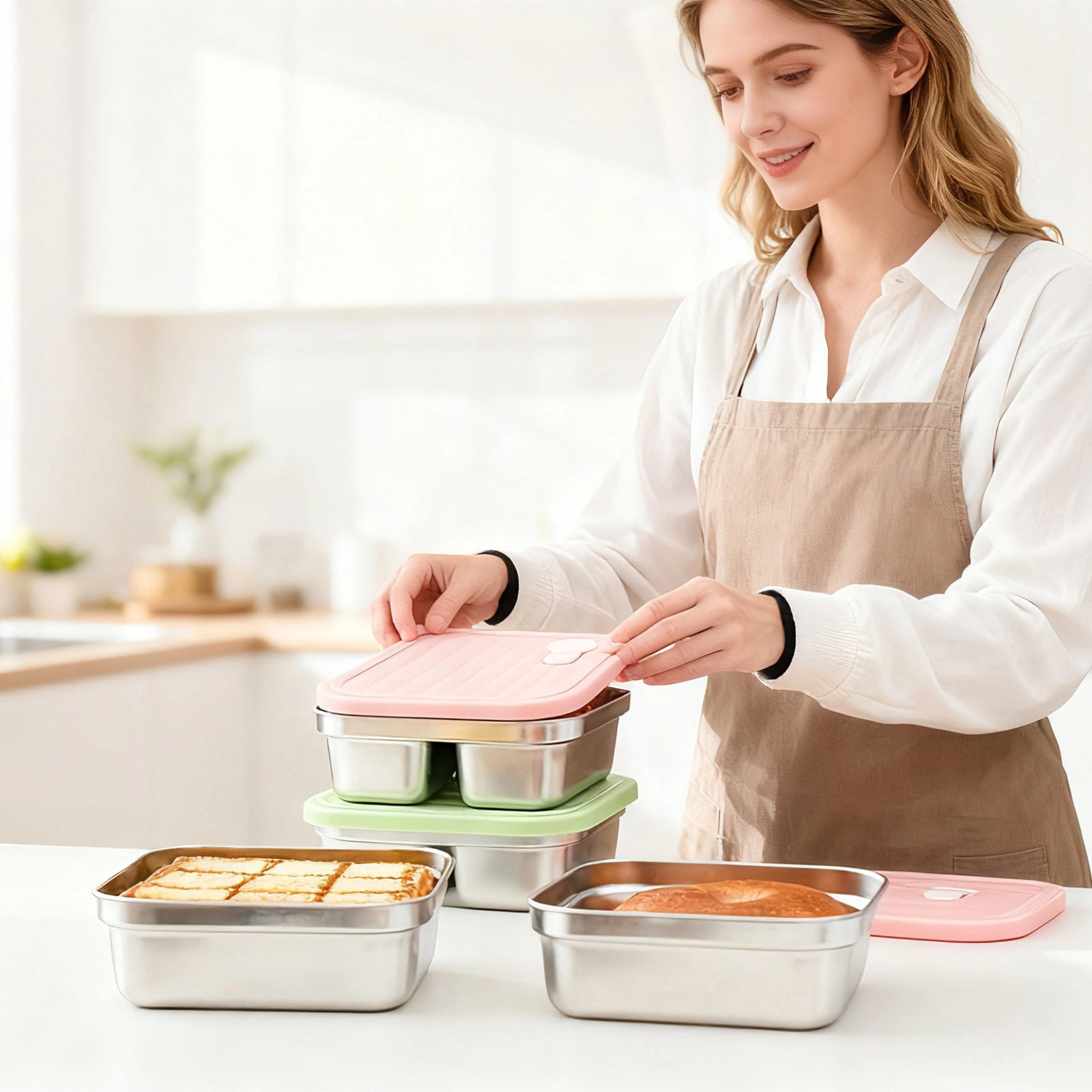 4 Pcs Stainless Steel Lunch Box Set with Leak Proof Silicone Lids, 304 Food Grade Metal Meal Prep Containers Includes 2 Single and 2 Double Compartments, Stackable Bento Box for Adults Office Picnic