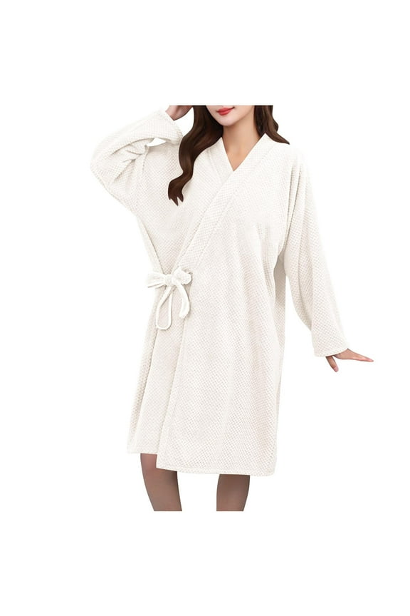 Women's Fleece Robes Lightweight Warm Knee Length Absorbent Bathrobe with Belt Soft Comfortable Housecoat