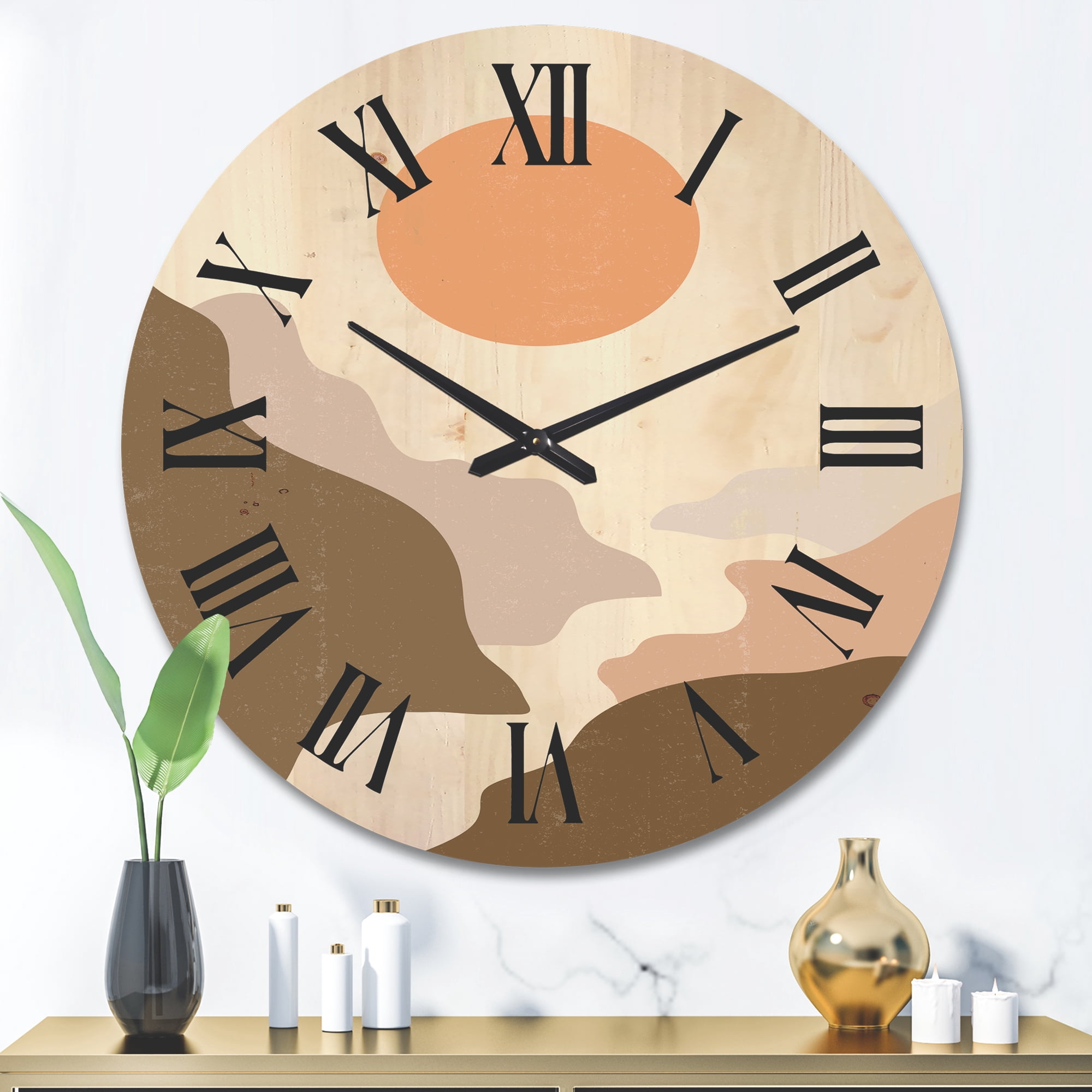 Designart 'Full Moon In Terracotta Tones Mountains' Modern Wood Wall Clock