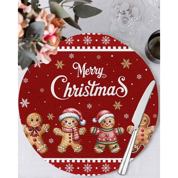 15 Inch Round Placemats Set of 4, Gingerbread Christmas Non Slip Heat Insulation PP Table Mats, Red Golden Snowflake Winter Xmas Washable Place Mats for Kitchen Dining Party Table Decor