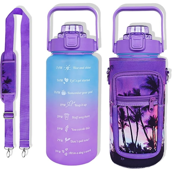64 oz Water Bottle with Straw Sleeve & Strap Motivational BPA Free Half Gallon Water Jug with Handle for Gym Women Men Aesthetic Water Bottle with Strap Coconut Tree