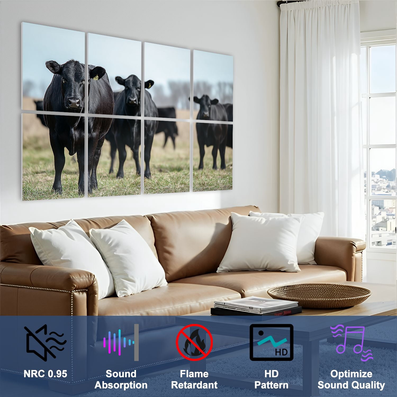 8 Pack Art Acoustic Panels Sound Absorbing Black Angus Cattle Decorative Soundproof Wall Panels Self Adhesive for Nursery Game Room Bedroom 48"x32"