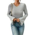 thumbnail image 3 of Women'S Bell Sleeve Crop Tops Dressy Casual Crewneck Lettuce Trim Ribbed Fitted Shirts Light Gray XL, 3 of 9