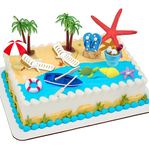 Decoración de pastel con sombrilla para silla de playa, 15 piezas de adornos para tarta de océano de verano, decoraciones para fiestas temáticas tropicales hawaianas Aloha Luau
