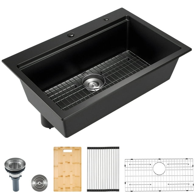 KFFKFF 33 inch Kitchen Sink Workstation, Top Mount Granite Sinks, Drop-In Single Bowl Farmhouse Basin with Multiple Accessories, Household Dishwasher Sink for RV, Prep Kitchen, and Bar (Black)