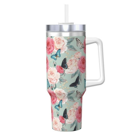 

Cauagu Roses and Butterflies Print Stainless Steel Vacuum Insulated Tumbler 40oz Water Bottle with Handle & Flip Straw Reusable Travel Coffee Mug for Women & Men