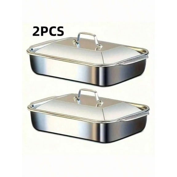 2-Pack Stainless Steel 9x13 Baking Pan with Lid, Deep Rectangular Lasagna Pan Set, Heavy Duty Metal Cake Pan for Oven Cooking