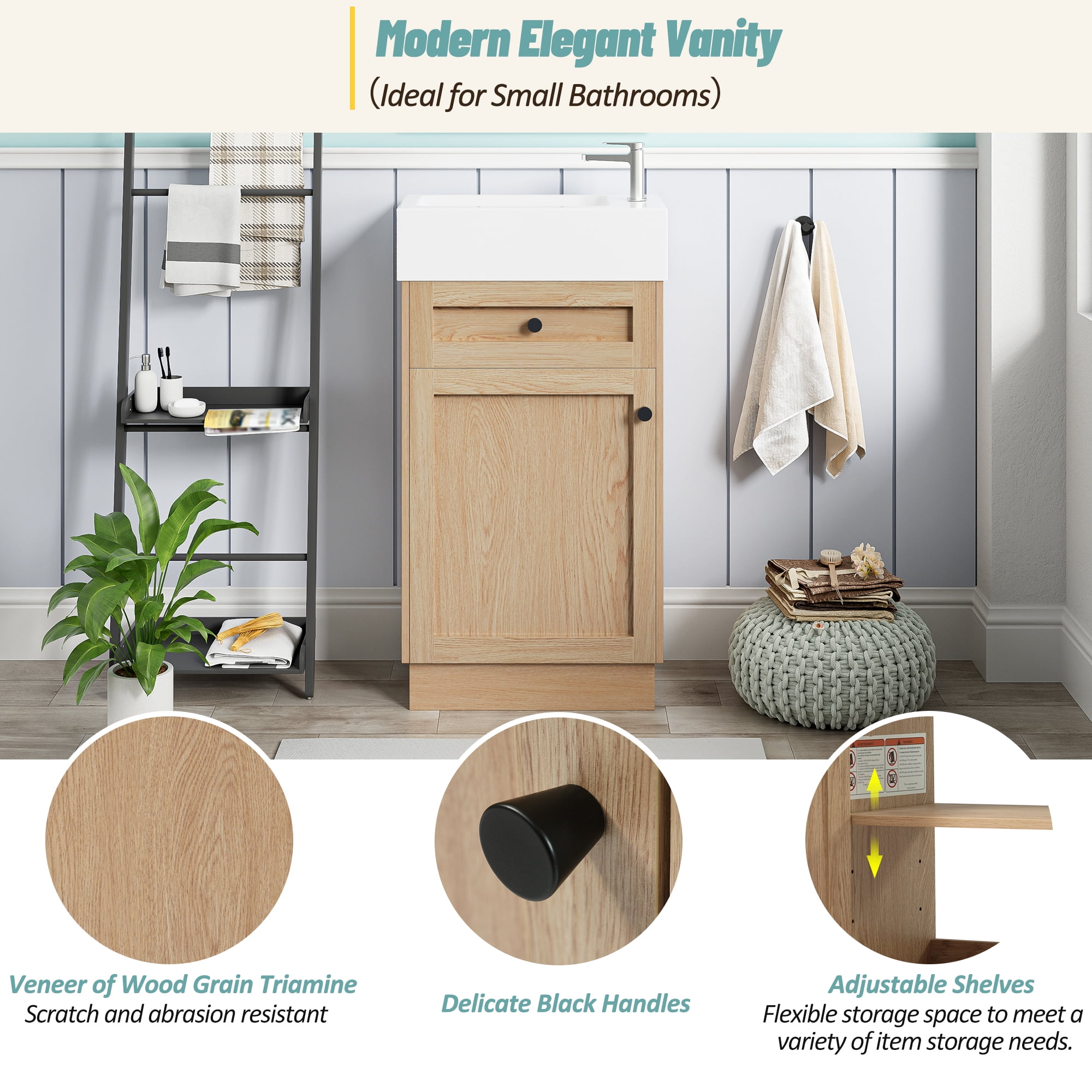 Rustic Bathroom Vanity with Reversible Resin Sink, Adjustable Shelf and Zinc Handles, 18.5" Wood Grain Melamine
