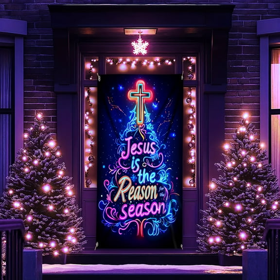 Glow-in-the-Dark "Jesus is the Reason" Christmas Door Banner - Vibrant Neon Holiday Decor, Durable Polyester, No Power Needed, Indoor/Outdoor Use
