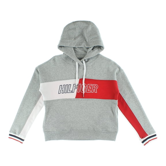 Tommy Hilfiger Colorblocked Embroidered Logo Crop Womens Active Hoodies Size M, Color: Grey/White/Red