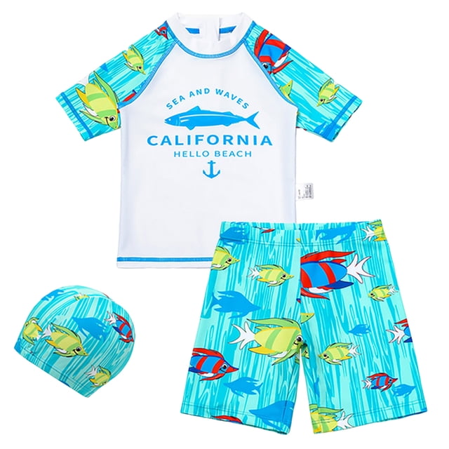 Akiihool Big Boys Swim Set Boys Swim Set - 2 Piece Quick Dry UPF50+ Sun Protection Kids Rash Guard Short Sleeve Swim Shirt and Boys Swim Trunks (Mint Green,2-3 Years)