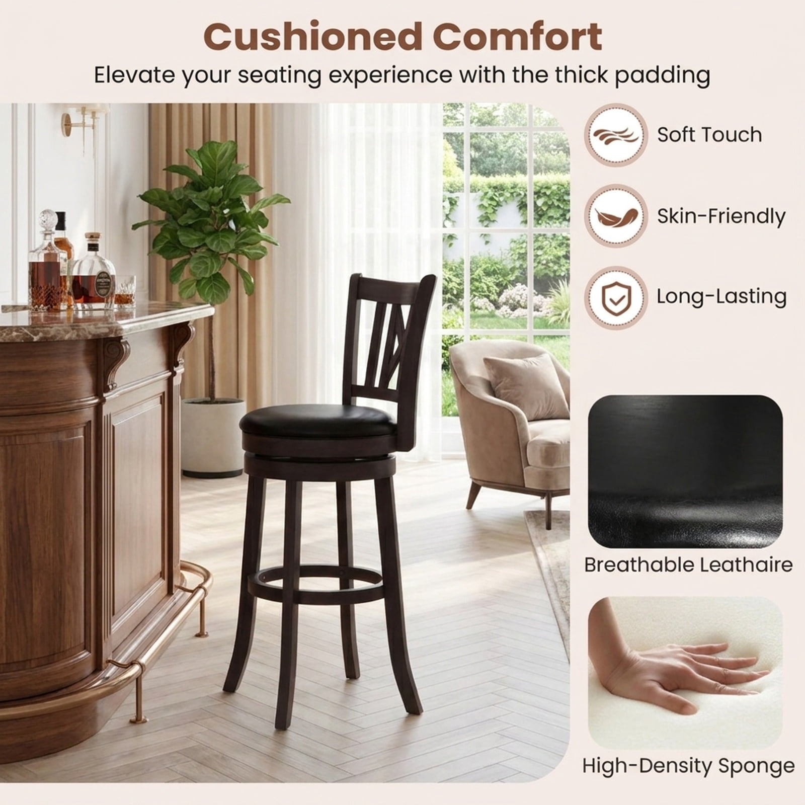 Furnibear Set of 2 Bar Stools Swivel Bar Chairs with Hollowed Backrest and Footrest-30 inches for Kitchen Island Counter Bar Pub Dining Home, Taupe