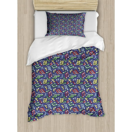 Teenage Bedding Set Music Twin Size Duvet Cover Set, Cartoon Style Colorful Pattern with Musical Notes Cheerful Teenage Fun Hobby Theme, Decorative 2 Piece Bedding Set with 1 Pillow Sham, Multicolor, by Ambesonne ()