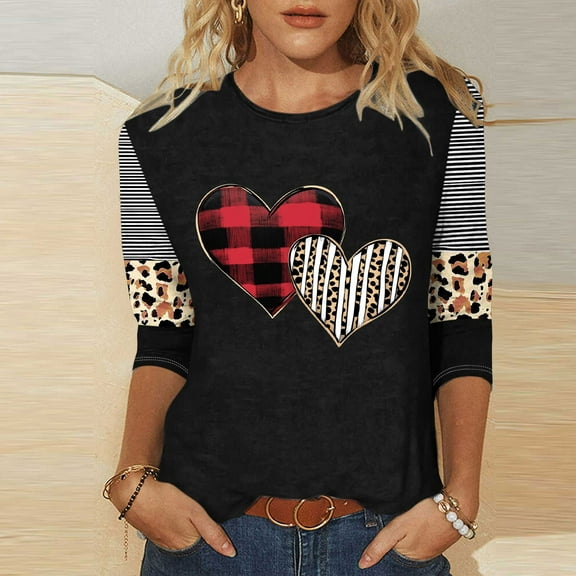 Valentines Tshirt, Leopard Heart Shirts for Women, 3/4 Sleeve Tops Casual Women Valentine's Day Love Festival Leisure Printed Round Neck Three Quarter Sleeve T-Shirt Loose Top Blouse