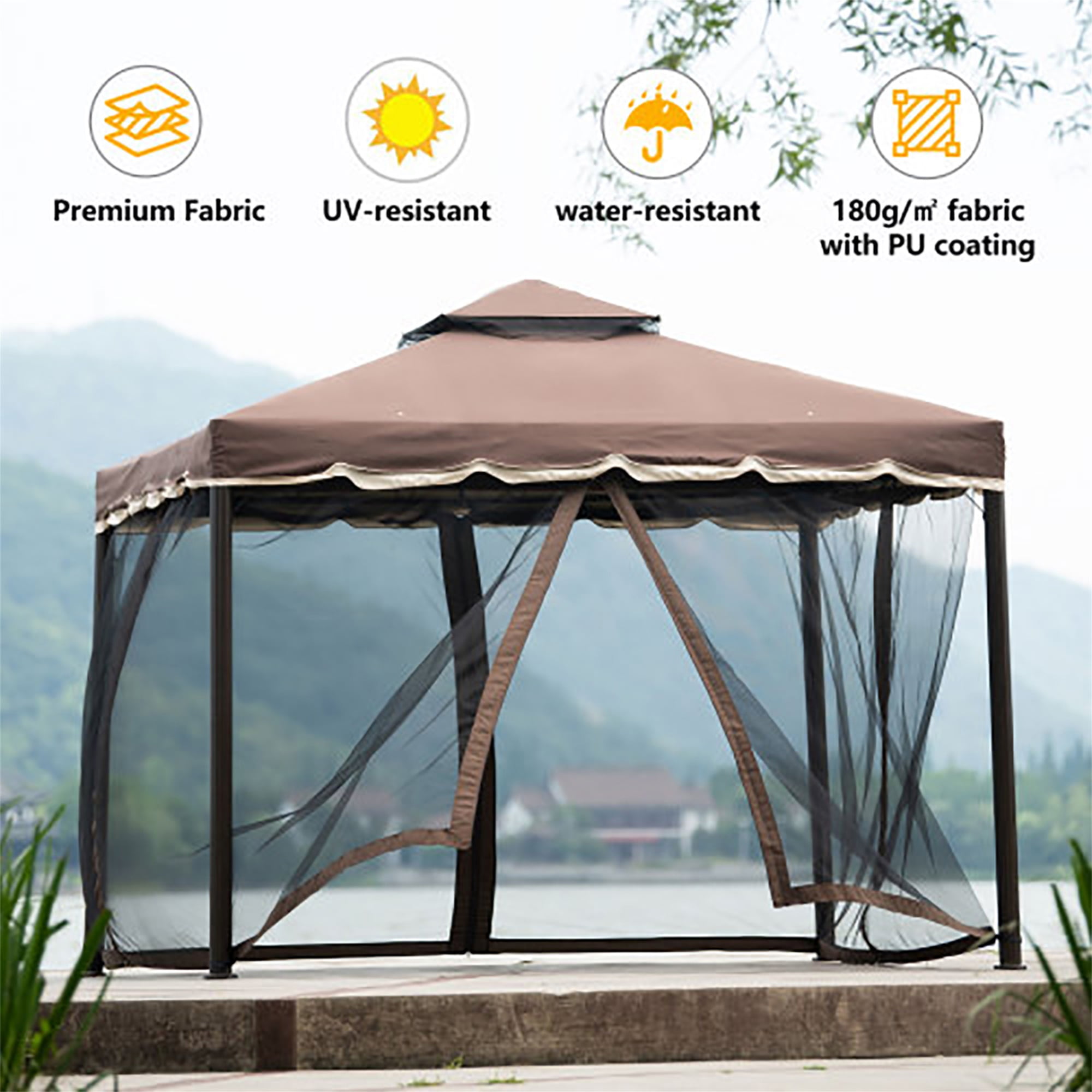 Kadyn Outdoor Patio Gazebo with Mesh Cover and Iron Ventilated Dome for Backyard, Poolside and Deck, UV Resistant (UPF 50+)/Flame Retardant, 9.8 ft W x 9.8 ft L, Brown Kadyn Outdoor Patio Gazebo with Mesh Cover and Iron Ventilated Dome for Backyard, Poolside and Deck, UV Resistant (UPF 50+)/Flame Retardant, 9.8 ft W x 9.8 ft L, Brown
