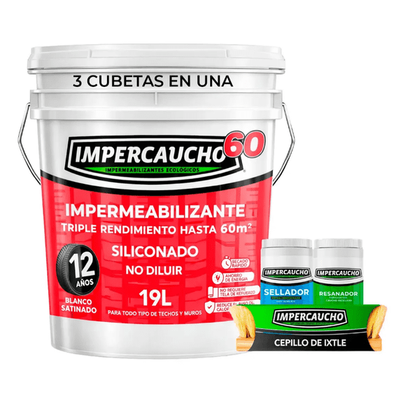 Kit Impermeabilizante Impercaucho Siliconado y Mejorado 60m2 a dos manos 12A Blanco 19L