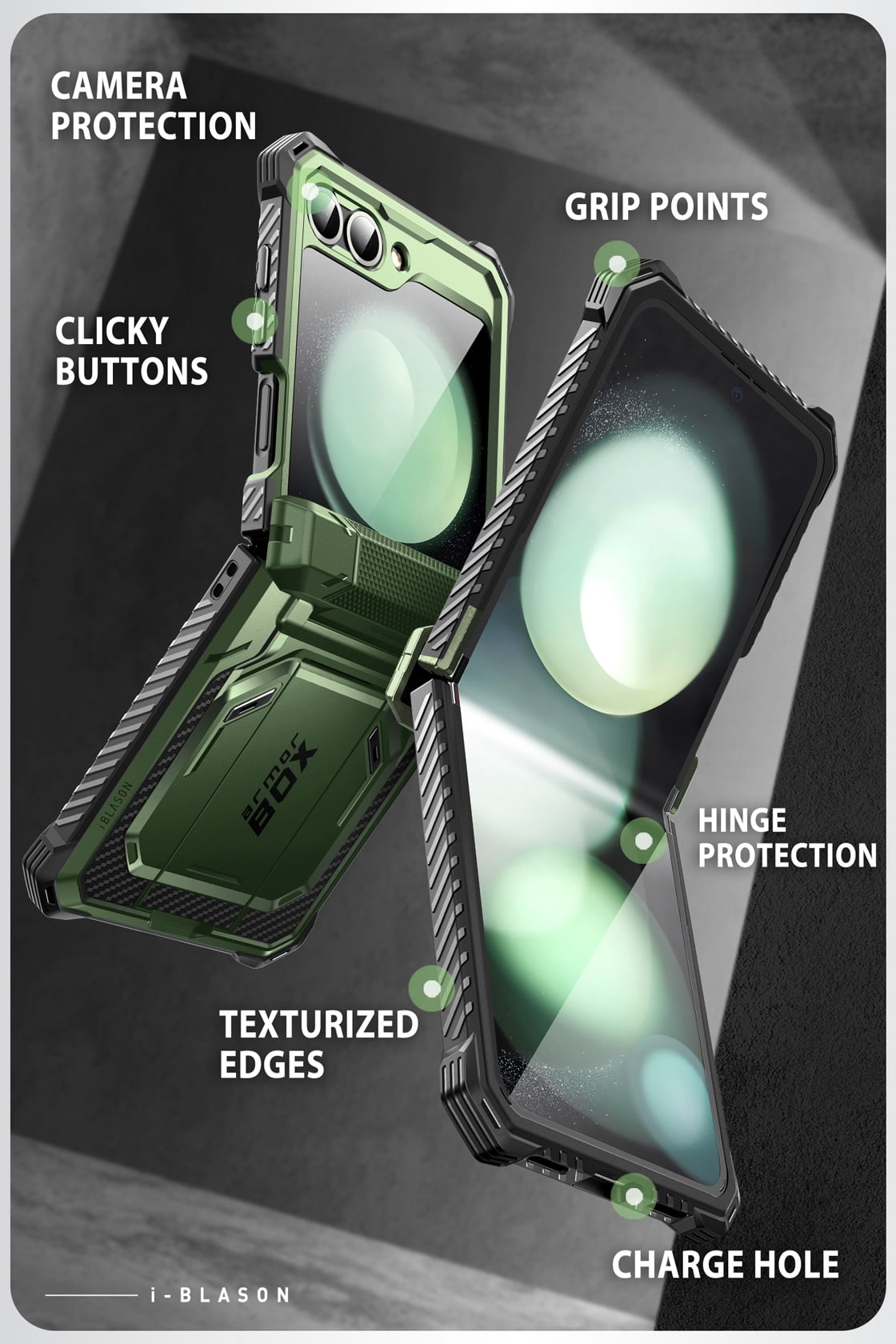 i-Blason Armorbox series for Samsung Galaxy Z Flip 6 / Flip 5 Case with Stand, [Built-in Screen Protector] [Hinge Protection] [Belt-Clip], Full-Body Protection Phone Case Cover, Guldan