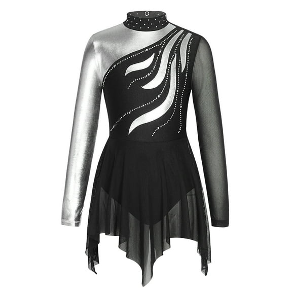 DPOIS Kids Girls Long Sleeve Metallic Mesh Patchwork Dance Dress Gymnastic Figure Ice Skating Dress