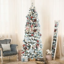 VEIKOUS 8ft Christmas Pencil Tree Snow Flocked Pre-Lit for Holiday Decor W/ 300 LED Lights & 800 Tips