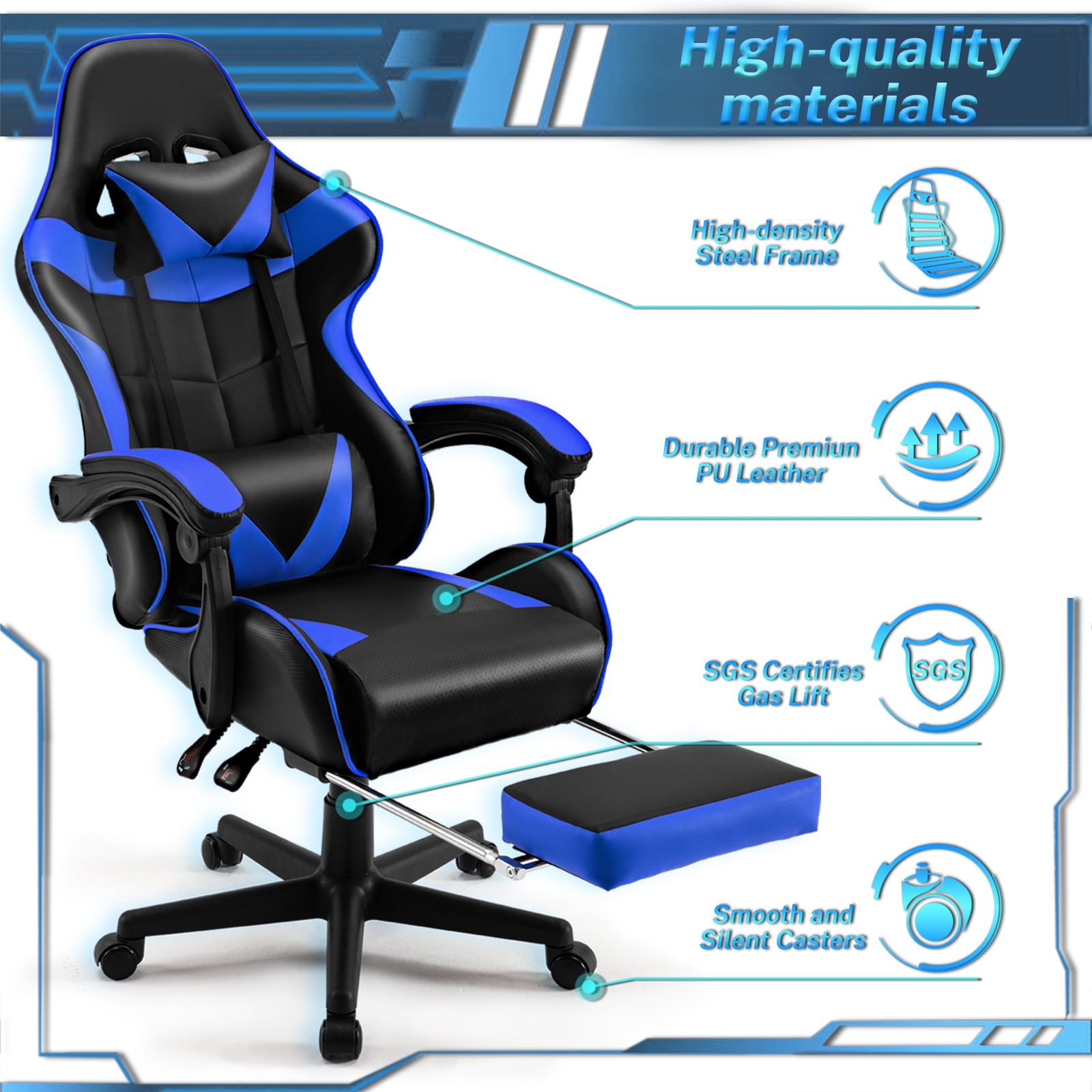 Luxvie Gaming Chair with Footrest High Back Office Chair with Headrest&Massage Lumbar Support Swivel Ergonomic Gaming Chair for Adults Kids,Blue