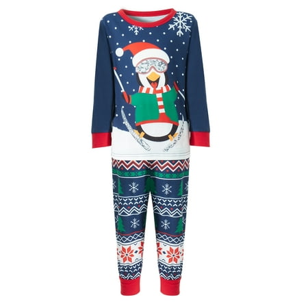 

Amuver Family Matching Christmas Pajamas Cartoon Penguin Print Long-Sleeved Tops + Elastic Waist Snowflake Pattern Trousers