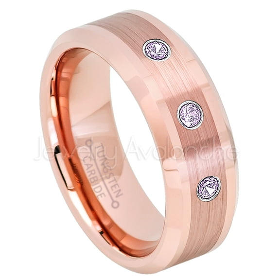 Rose Gold Plated Tungsten Ring - 0.21ctw Amethyst 3-stone Band - Personalized Tungsten Wedding Ring - Custom Made February Birthstone Ring TN732BS