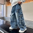 thumbnail image 2 of XAOFW Kids Pants Boys Cargo Joggers Pockets Denim Lads Youth Durable Comfort Fit School Outings Solid Color Long Fashionable Breathable Holiday Vacation Jeans, 2 of 6