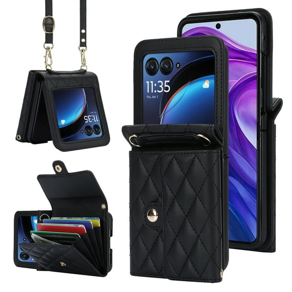Dteck for Motorola Razr Ultra 2025 Case Wallet with Card Holder, Women RFID Blocking PU Leather Crossbody Wallet Lanyard Shockproof Phone Cove for Moto Razr Ultra 2025 / Razr 60 Ultra,Black