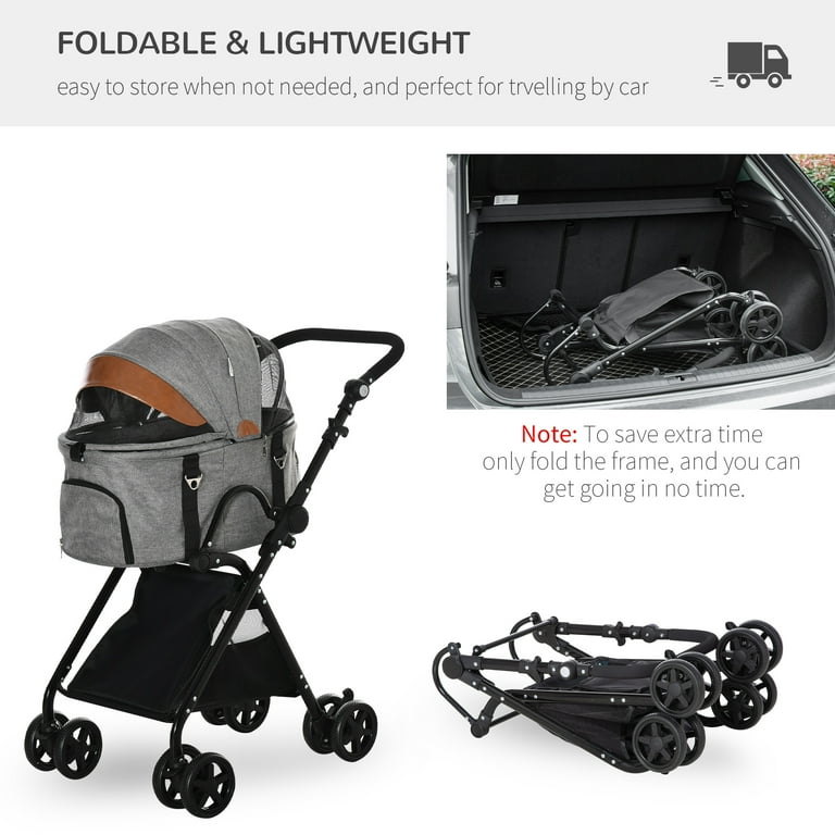 PawHut Luxury Folding Pet Stroller Dog/Cat Travel Carriage with Wheels,  Gray