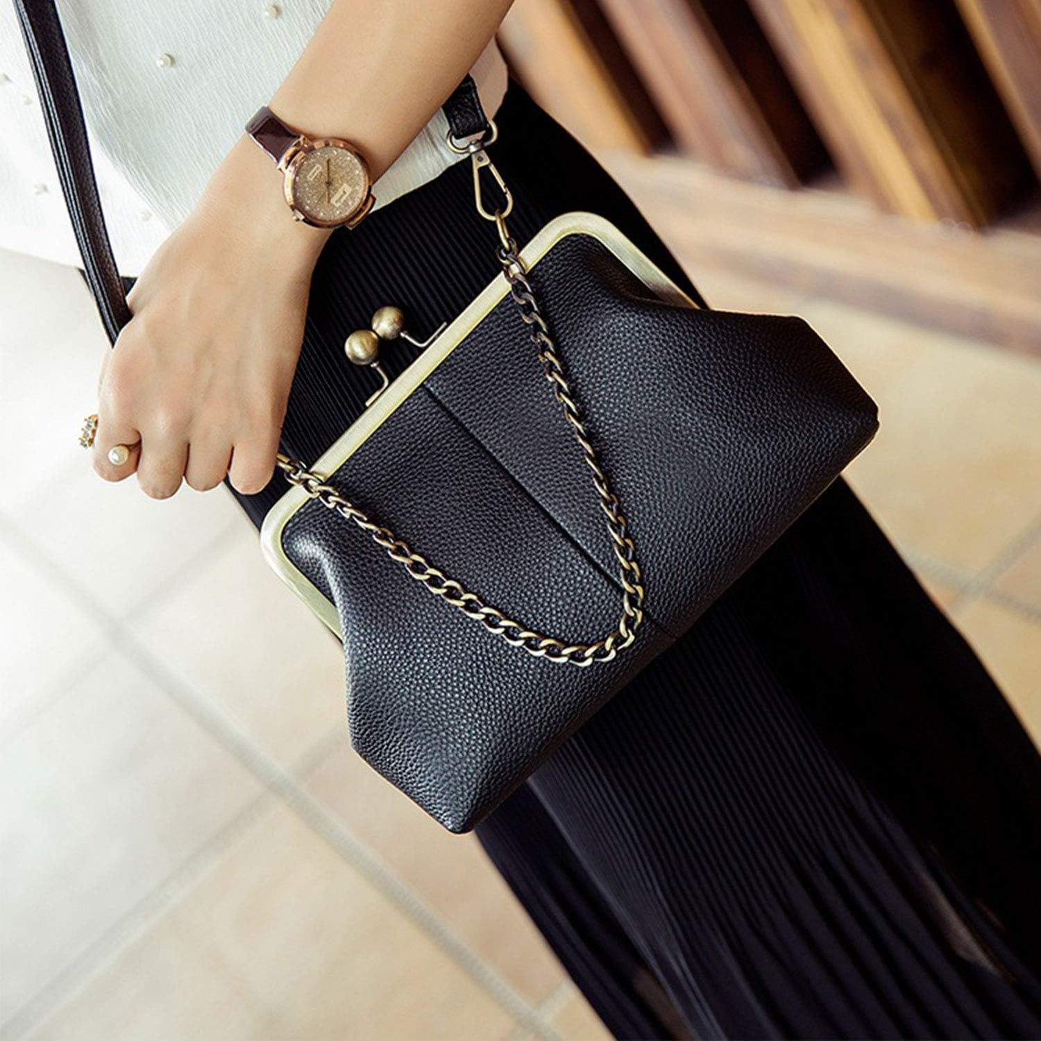 Gioobbt Kiss Lock Clutch with Chain Strap Shoulder Bag Purse Wallet
