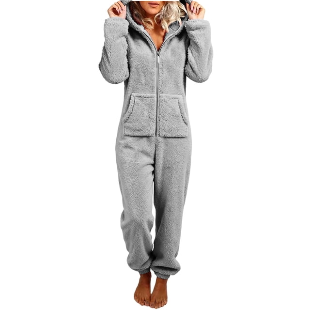 RXMEKW Combinaison à Capuche en Polaire Pyjama pour Femmes Manches Longues Tenue de Maison Fermeture Éclair devant Vert Armée Uni