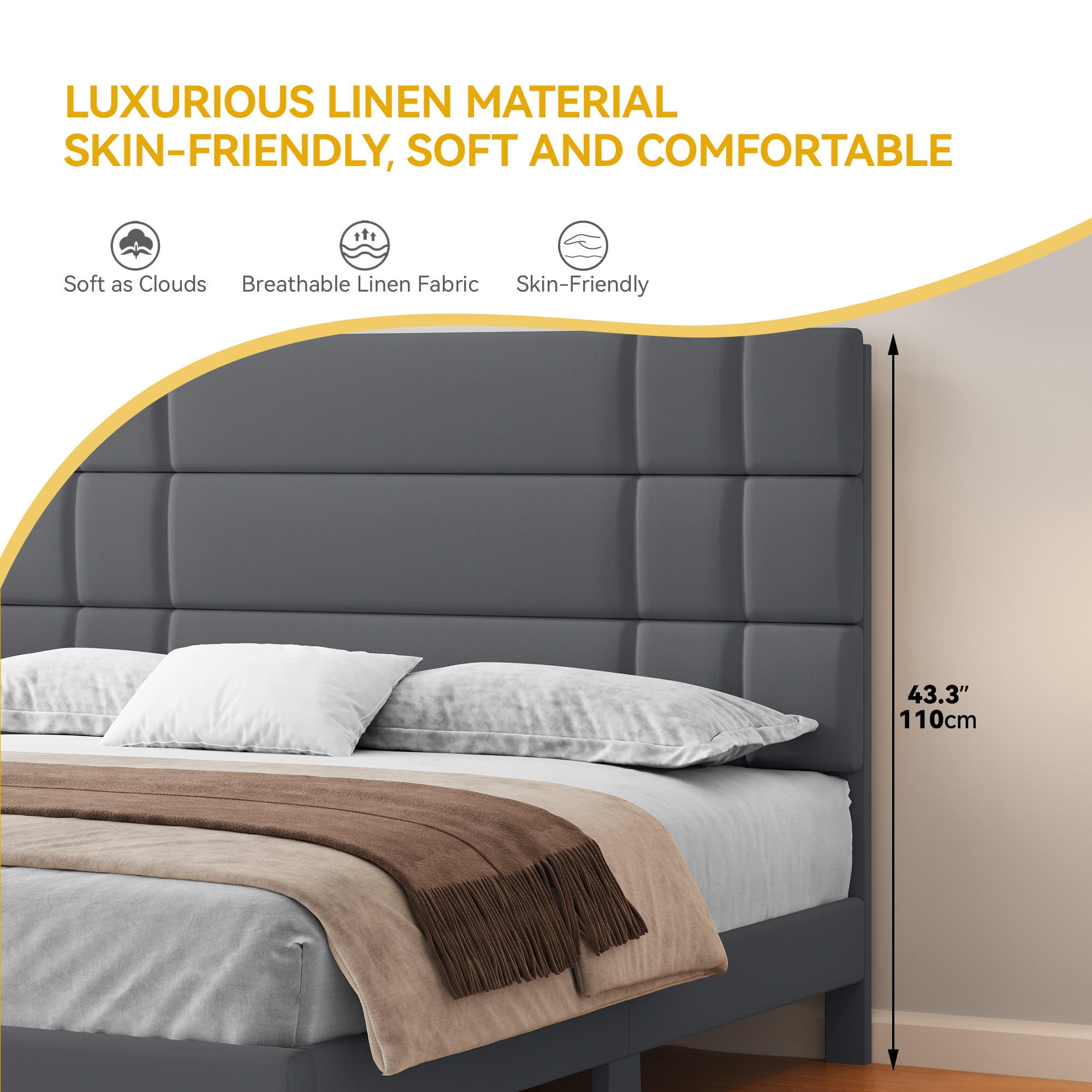 Dextrus Queen Size Bed Frame, High-Quality Metal & Wood Construction, Noise-Free Design, No Box Spring Needed, Easy Assembly, 43.3" Linen Upholstered Headboard, Dark Grey
