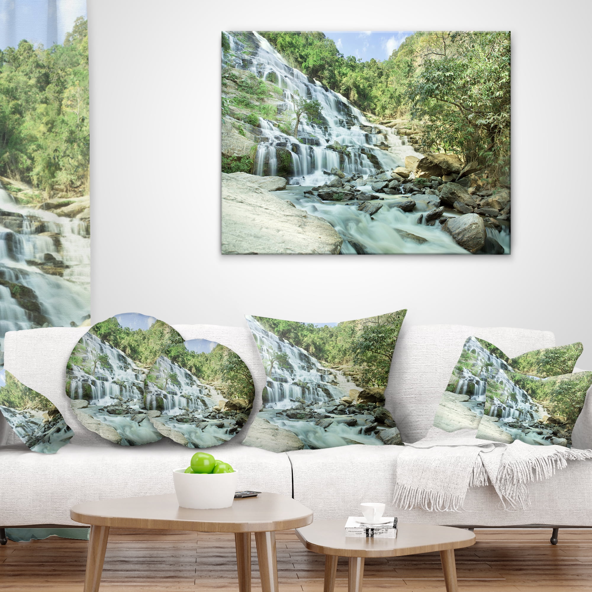 Designart Maeyar Waterfall in Rain - Landscape Photography Throw Pillow - 18x18