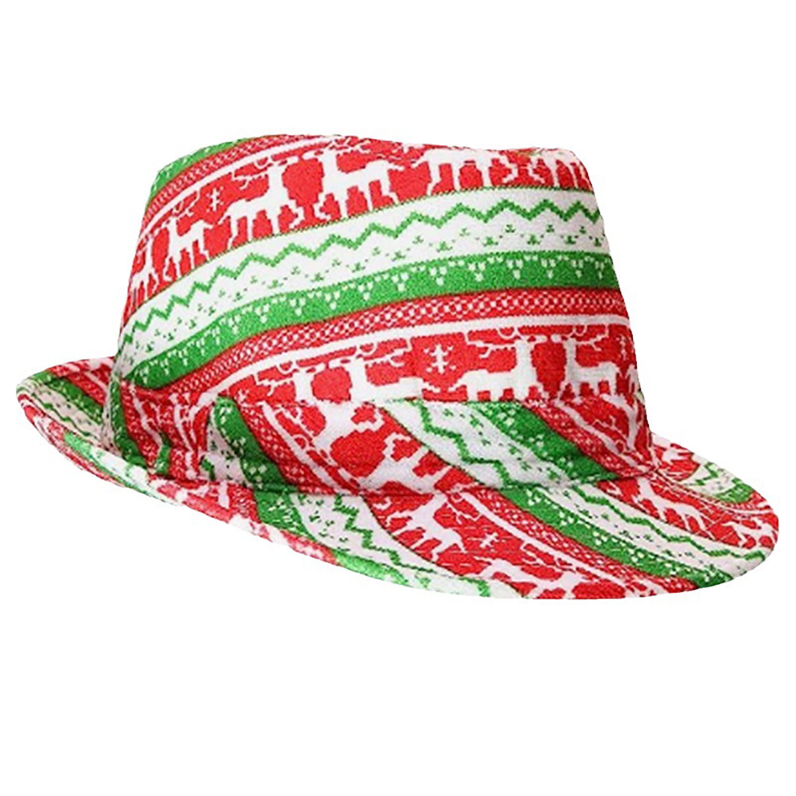 Norvella Mens Christmas Fedora Reindeer Snowflake Pattern Pinched Narrow Brim Trilby Hat Allover Fair Isle Print Accessory