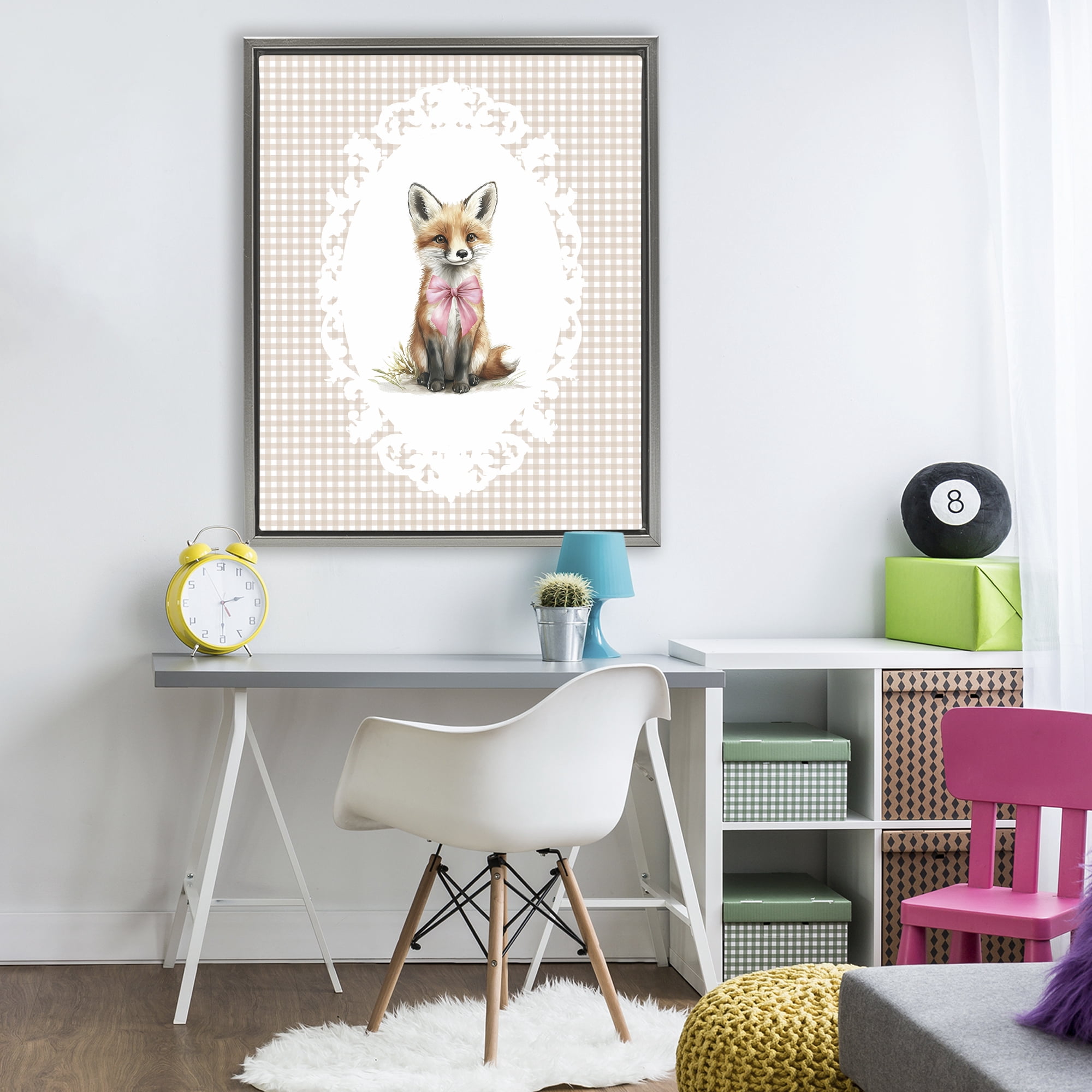 Stupell Industries Vintage Bow Fox on Gingham Gray Framed Floater Canvas Wall Art, design by Christine Simpson Art