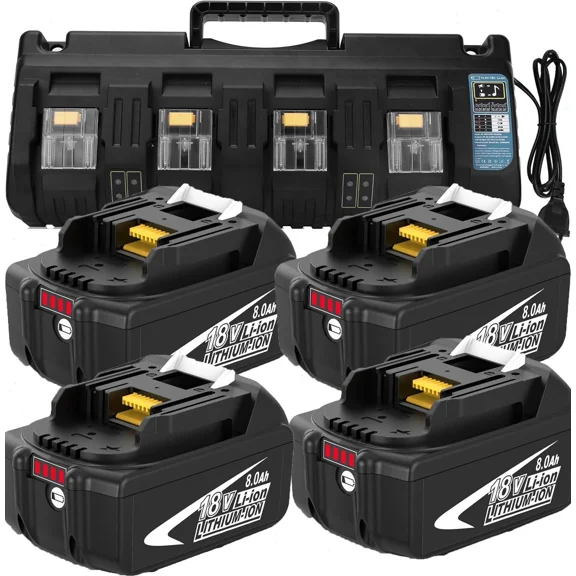 4 Packs 8.0Ah Li-ion BL1860B Battery Replacement for Makita 18V Battery 18 Volt BL1860 BL1850B BL1850 and 4-Port 18V DC18SF Fast Charger