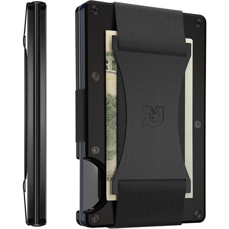 The Ridge Minimalist Slim Wallet For Men - RFID Blocking Front Pocket Credit Card Holder - Aluminum Metal Small Mens Wallets with Cash Strap (Black) Black Old Cash Strap