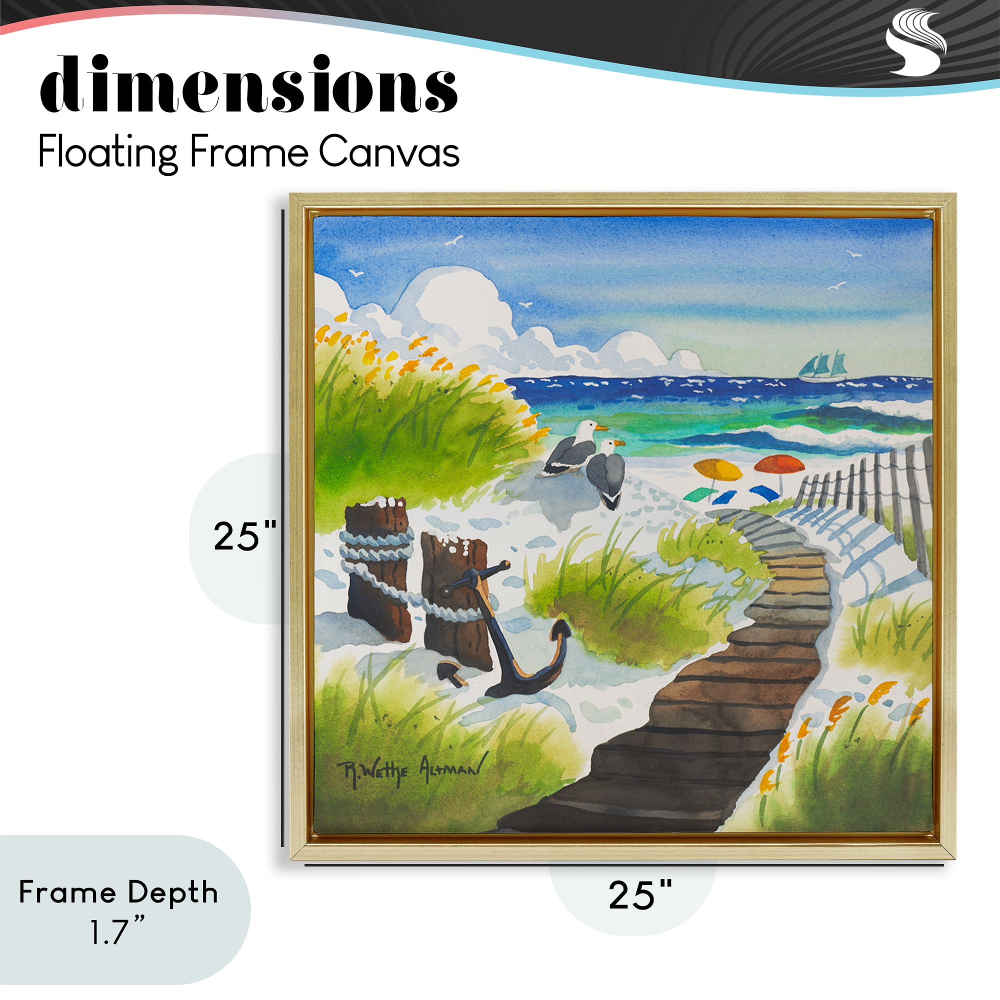 Stupell Industries Seagull & Anchor on Shore Gold Framed Floater Canvas Wall Art, design by Robin Altman