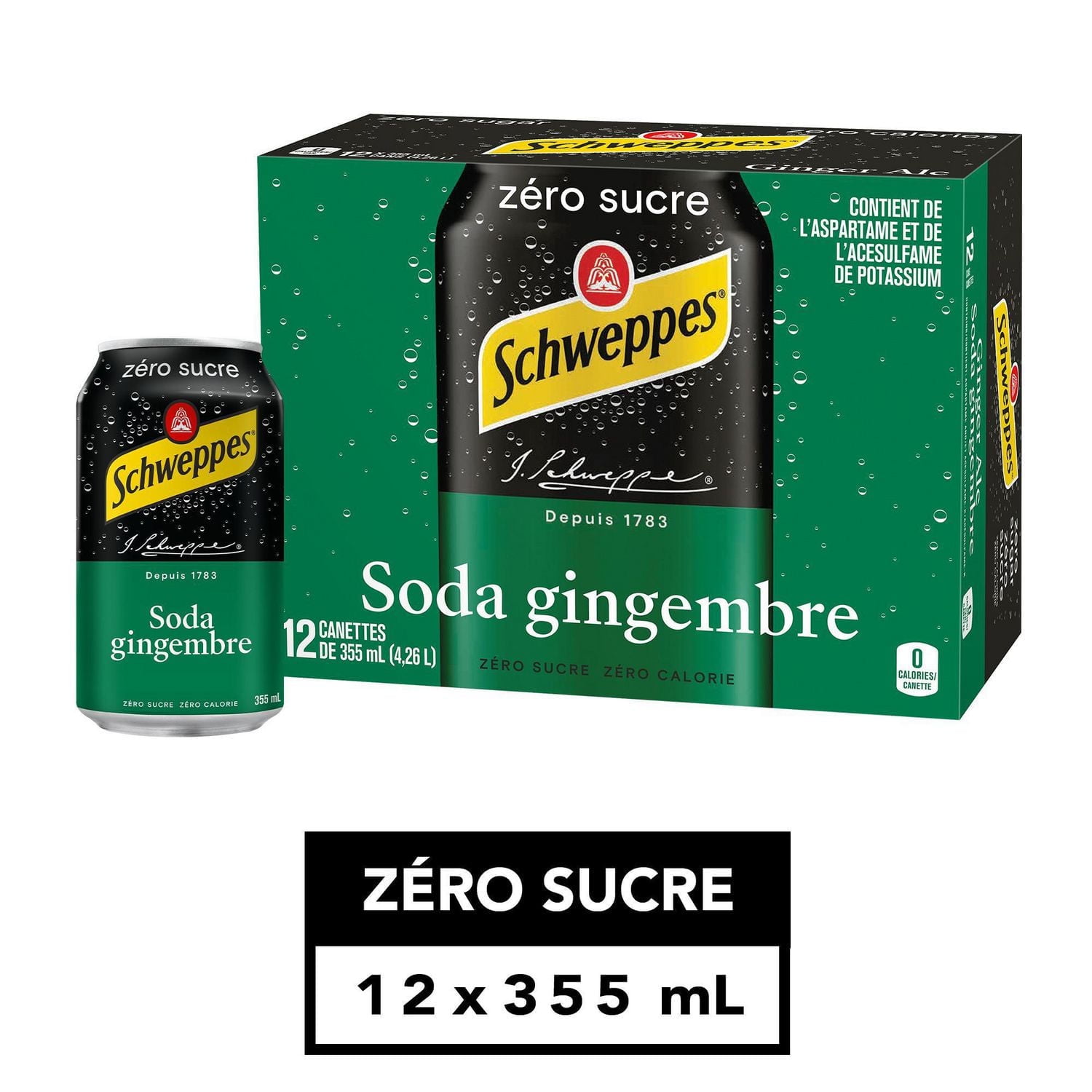 Schweppes Ginger Ale Zéro Sucre, 12 x 355 mL, canettes 12x355mL