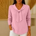 thumbnail image 2 of WULMLEO Women's Solid Color Ribbed Knit Sweaters Bow Tie Neck Long Sleeves Cozy Fashionable Fall/Winter Top Pink M, 2 of 5