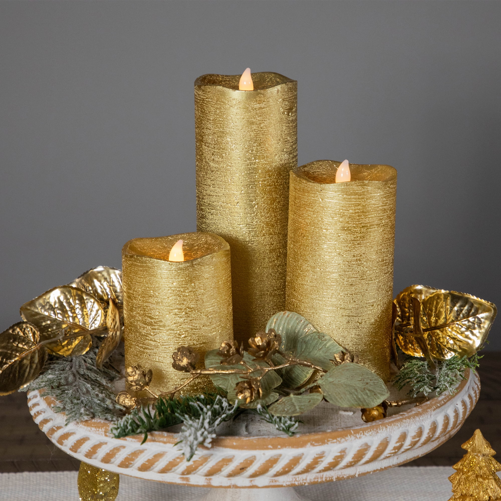 Northlight LED Brushed Flameless Christmas Pillar Candles - 8" - Gold Finish - Set of 3
