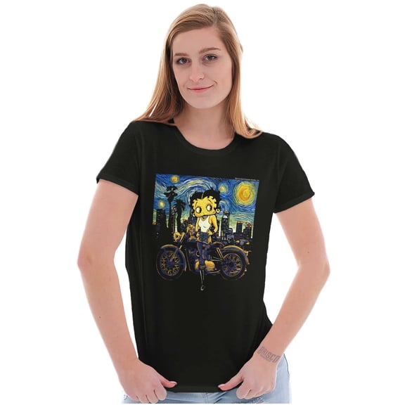 Betty Boop Biker Starry Night Art Women's T Shirt Ladies Tee Brisco Brands S
