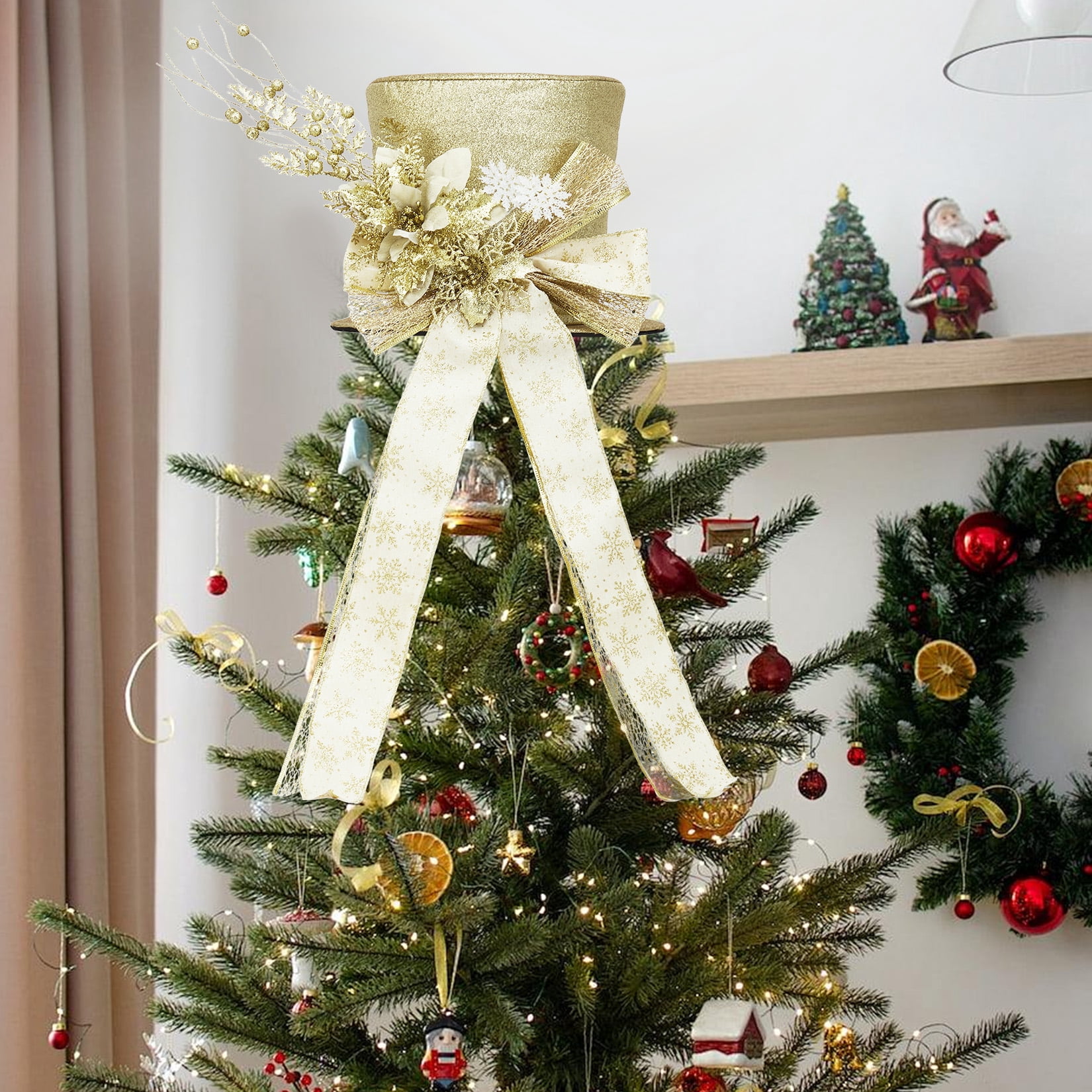 Towallmark Christmas Tree Topper, Ribbon Bow Topper for Tree,Xmas Ornaments for Holiday Decor, Great Gift Christmas Decoration,9.84 x 9.84 in