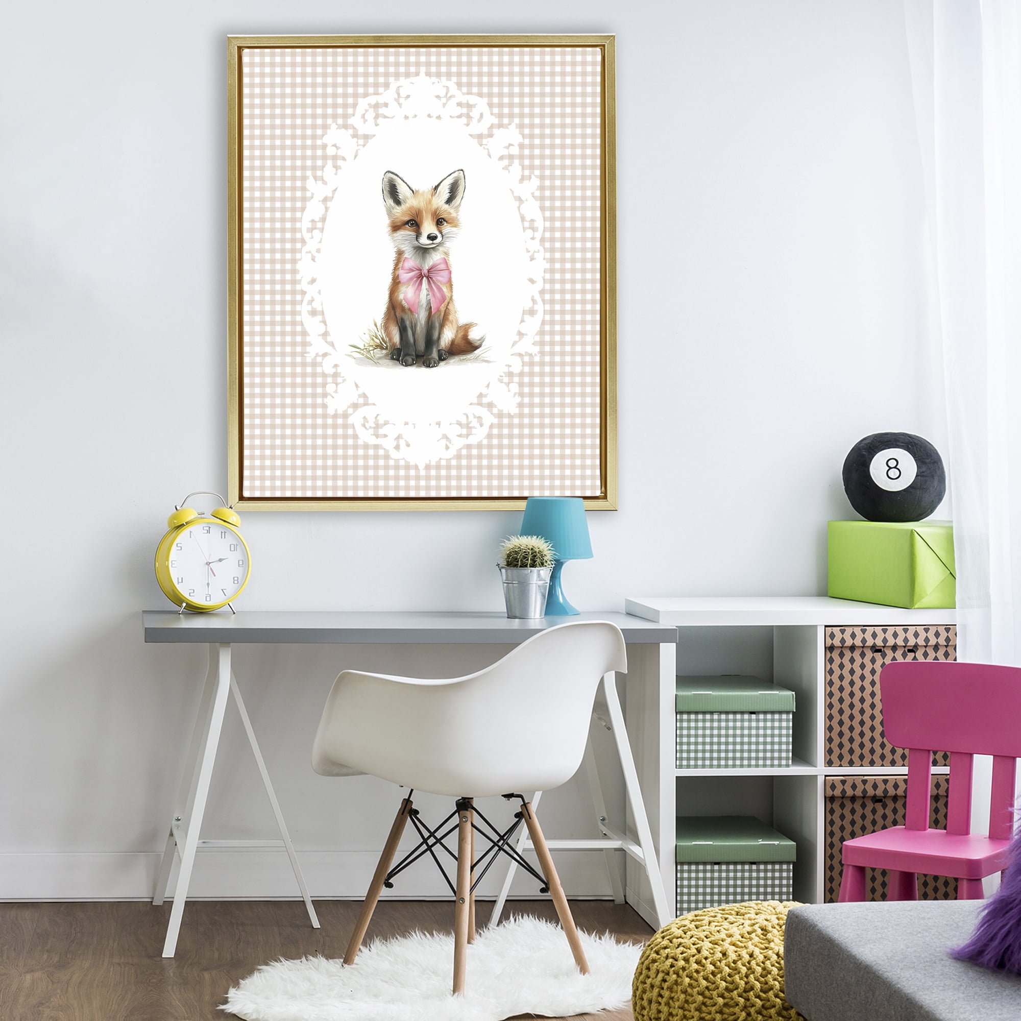 Stupell Industries Vintage Bow Fox on Gingham Gold Framed Floater Canvas Wall Art, design by Christine Simpson Art