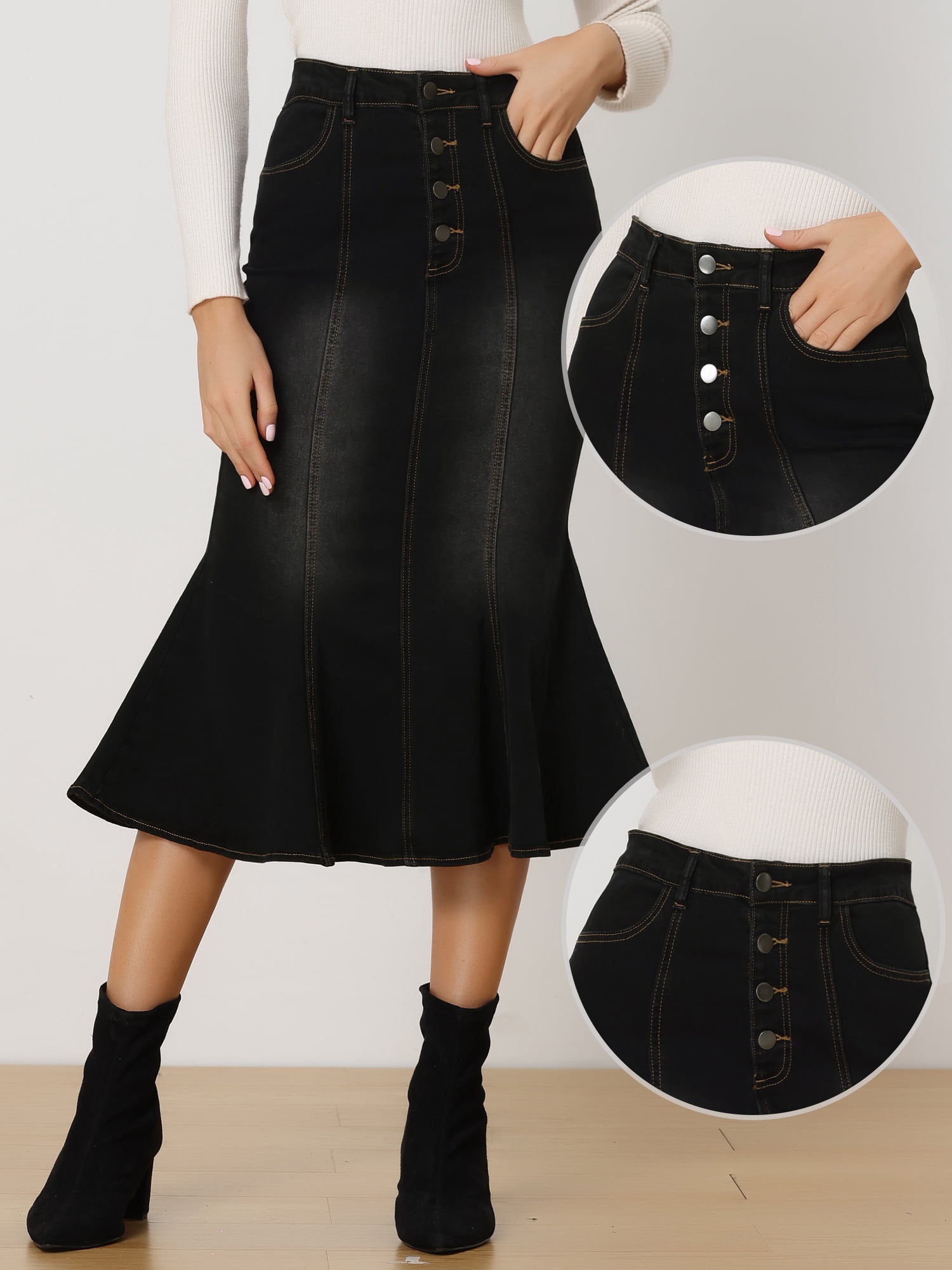 DARING DIVA Women's Soft Elegant Washed Fishtail Casual Midi Denim Skirt S Black