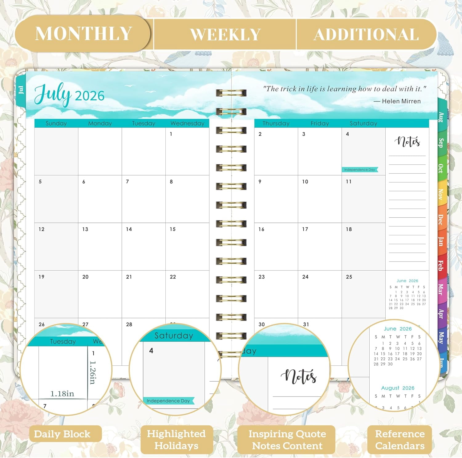 Academic Planner Weekly And Monthly 2026-2027, July 2026 To June 2027, 6.3 x 8.4 In, Colorful Tabs, Inner Pocket, Twin-Wire Binding