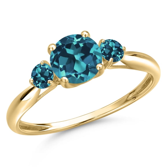 Gem Stone King 10K Yellow Gold London Blue Topaz 3-Stone Ring for Women | 1.36 Cttw | Round 6MM | Gemstone November Birthstone | Size 7