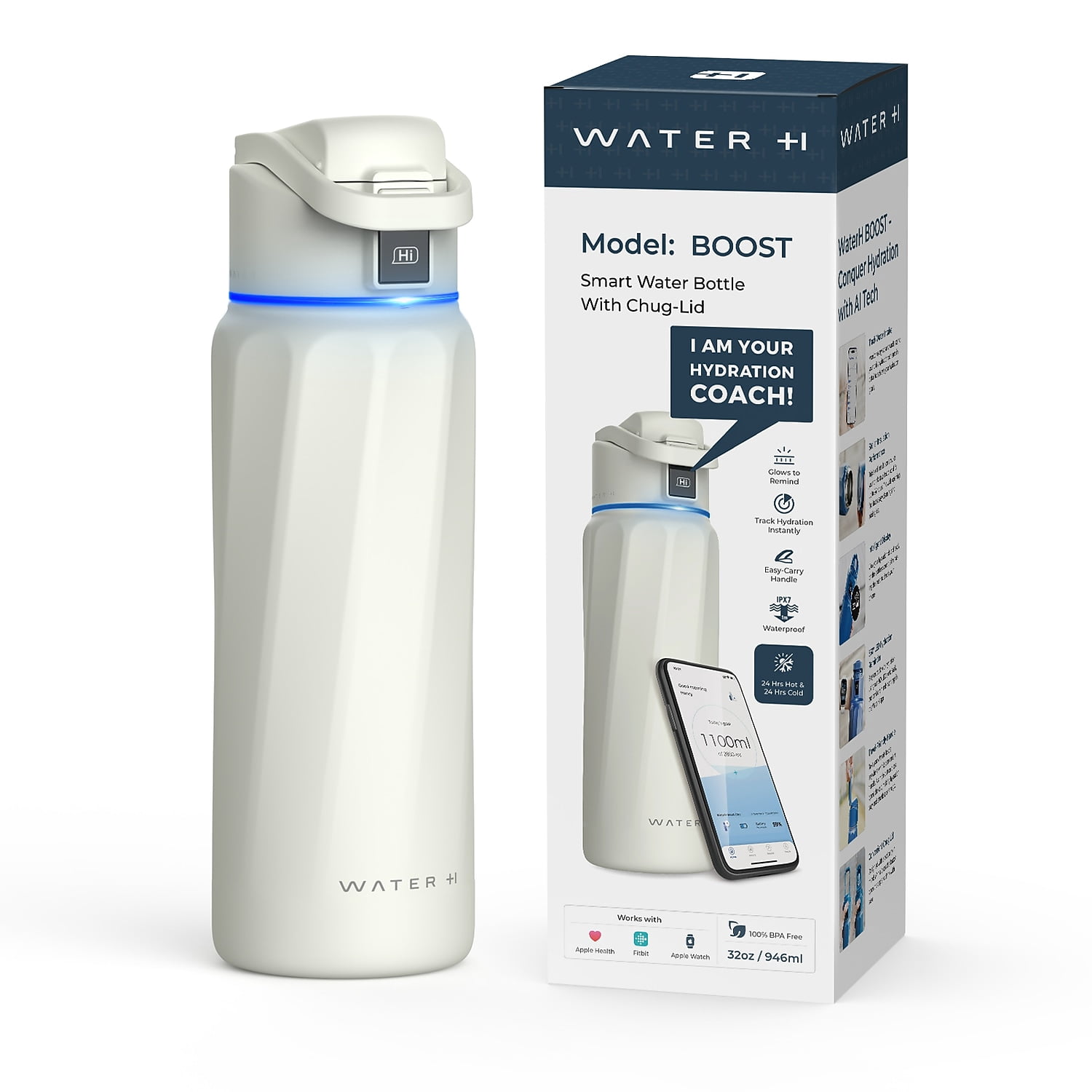 WaterH BOOST Stainless Steel Triple Wall Insulated Smart Water Bottle 32 oz. White (B003WT)